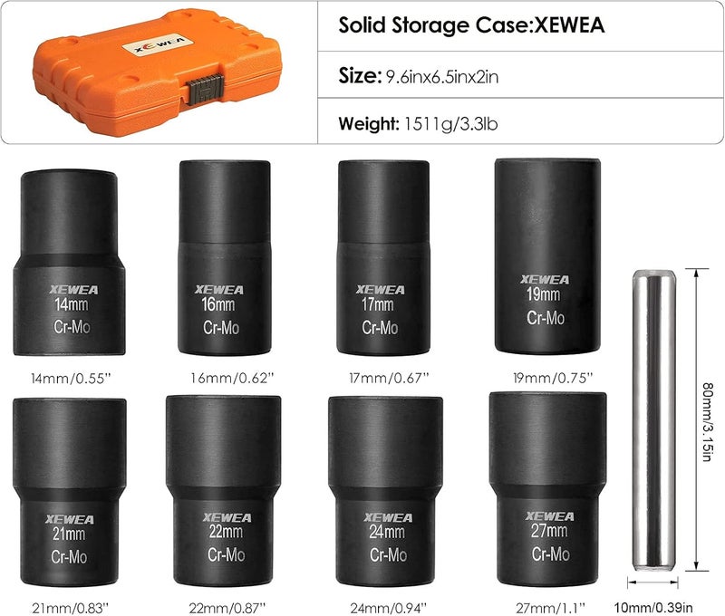 XEWEA 9PCS Lug Nut Extractor Set, 1/2" Drive Impact Bolt Remover Socket Tool, Wheel Lock Removal Kit, Easy Out Extractor Set for Damaged, Frozen, Rusted, Rounded-Off Bolts, Father's Day Gift - Image 3